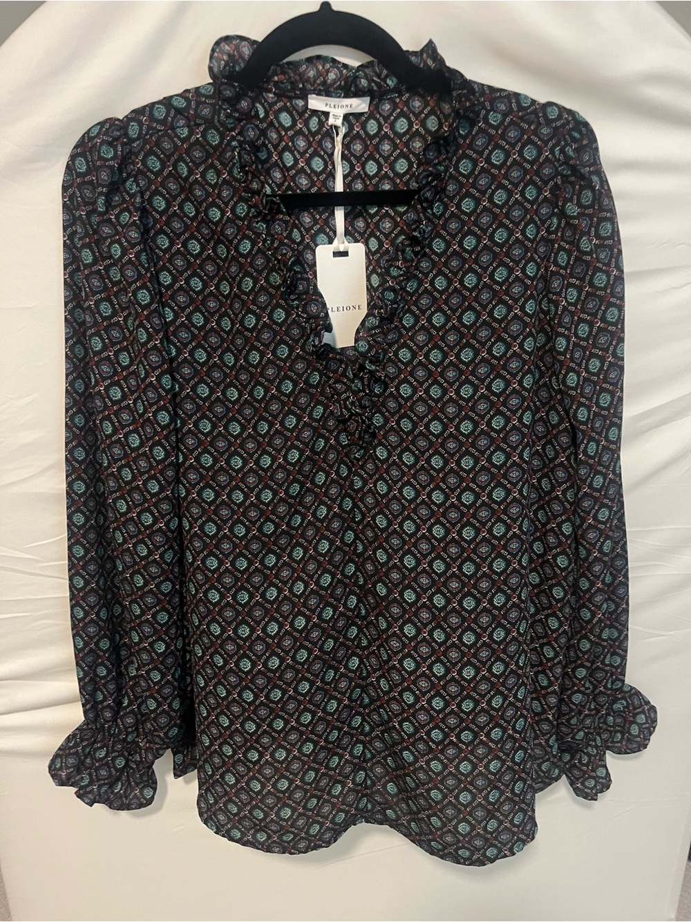 Pleione Black Ruffle-Trim Long Sleeve Blouse with Teal Accents